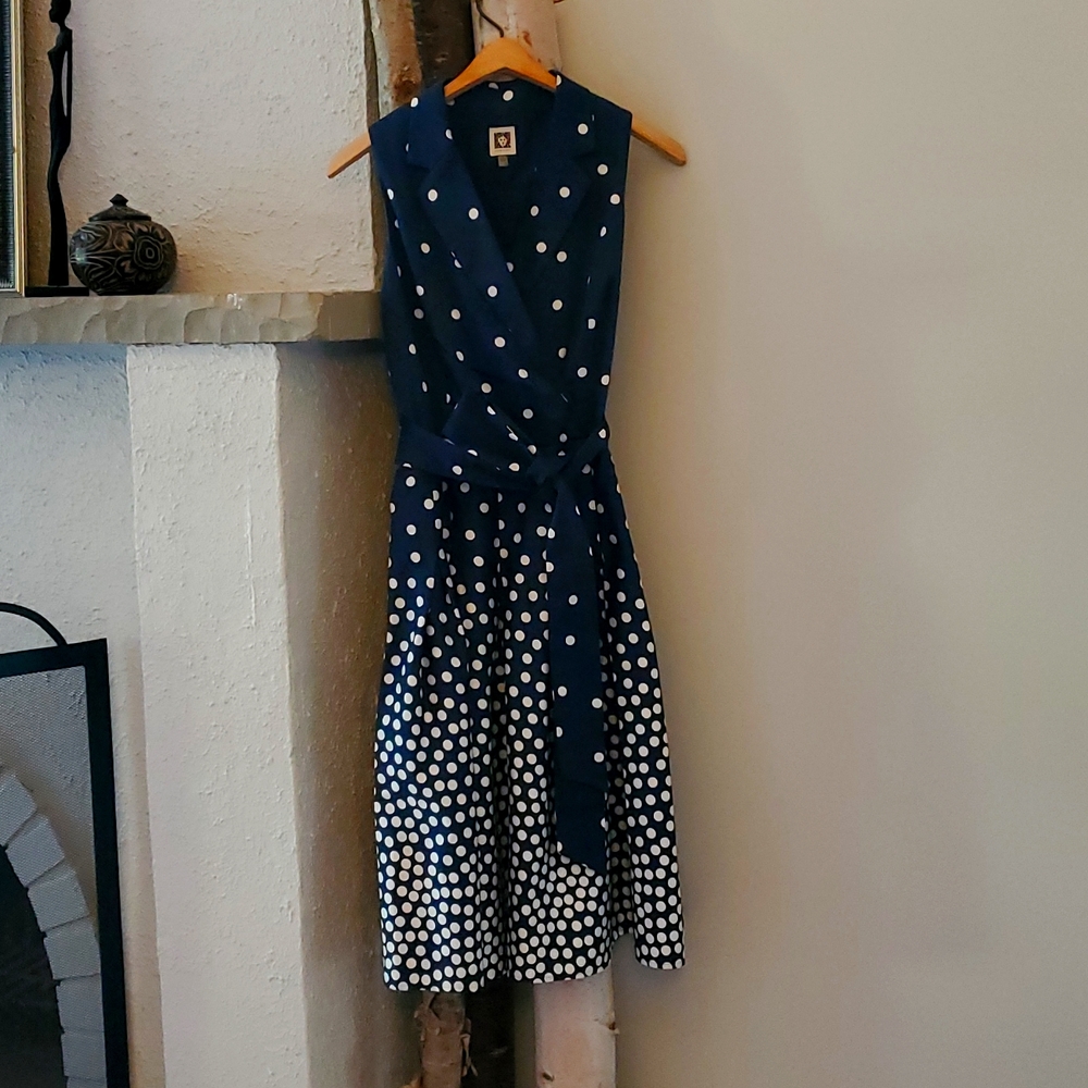 Anne Klein satin woman lined navy blue with polka dots dress